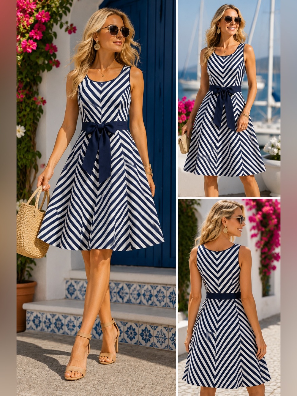 Talbots Navy and White Striped Fit-and-Flare Midi Dress with Tie Waist